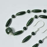 dark green natural gemstone nephrite jade and sterling necklace and earrings