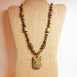 multi-color rhyolite gemstone pendant and beads with copper necklace