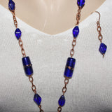 cobalt blue african trade bead pendant and bohemian beads on copper chain necklace and earring set