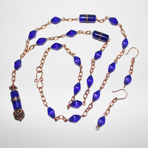 cobalt blue african trade bead pendant and bohemian beads on copper chain necklace and earring set