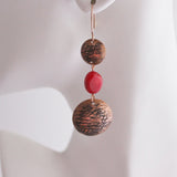 handcrafted textured antiqued copper domes with red coral dangle earrings