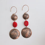 handcrafted textured antiqued copper domes with red coral dangle earrings