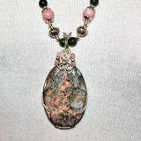 rhodonite druzy wrapped pendant, peruvian opal & sterling necklace