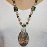 rhodonite druzy wrapped pendant, peruvian opal & sterling necklace