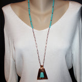 trapezoid copper pendant with turquoise beads on copper chain