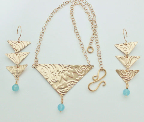 bronze embossed triangular pendant with chalcedony necklace and earring set