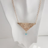 bronze embossed triangular pendant with chalcedony necklace and earring set