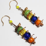 multi color beads with textured copper squares dangle earrings