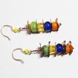 multi color beads with textured copper squares dangle earrings