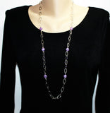 long necklace with large oval link silver filled chain and light amethyst gemstone beads