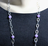 long necklace with large oval link silver filled chain and light amethyst gemstone beads