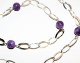 long necklace with large oval link silver filled chain and light amethyst gemstone beads
