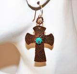 textured copper and turquoise cross earrings with rose gold filled ear wires