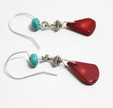 deep red coral teardrop beads with turquoise rondelle and sterling earrings