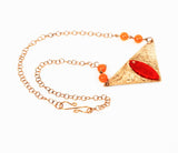 bronze triangular pendant with tangerine sea glass and beads
