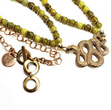 bronze snake pendant with lemon jade beads on bronze chain