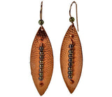 textured pointed leaf copper earrings with green czech druk beads