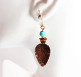 copper teardrop embossed earrings and turquoise beads gold filled wires