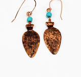 copper teardrop embossed earrings and turquoise beads gold filled wires