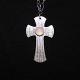 sterling textured cross with rose quartz cabochon on silver chain