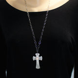 sterling textured cross with rose quartz cabochon on silver chain