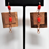 square textured copper and coral earrings