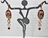 copper earrings with red jasper cabochons and beads and copper wirework
