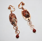 copper earrings with red jasper cabochons and beads and copper wirework
