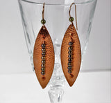 textured pointed leaf copper earrings with green czech druk beads